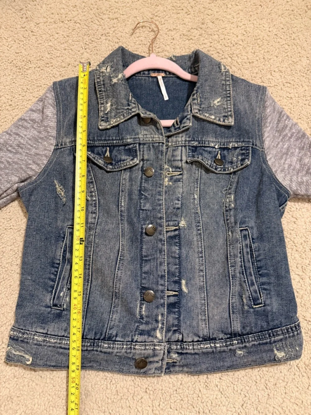 Free People Distressed Denim Knit Sleeve Jacket Blue Gray Hybrid Trucker - Picture 5 of 10